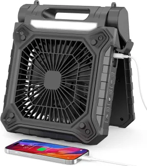 10 inch Solar Fan for Camping - Portable Rechargeable Fan with Adjustable Solar Panel, 3 Powerful Speed & Timer, Battery Operated with LED Light for Outdoor Travel Tent RV Hurricane