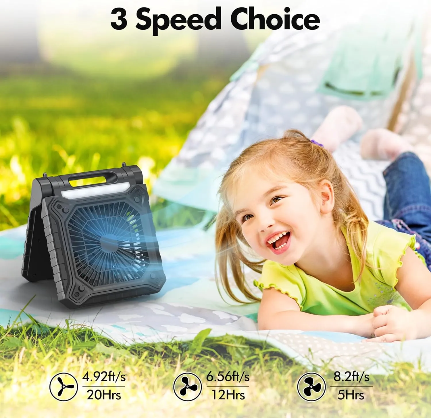 10 inch Solar Fan for Camping - Portable Rechargeable Fan with Adjustable Solar Panel, 3 Powerful Speed & Timer, Battery Operated with LED Light for Outdoor Travel Tent RV Hurricane