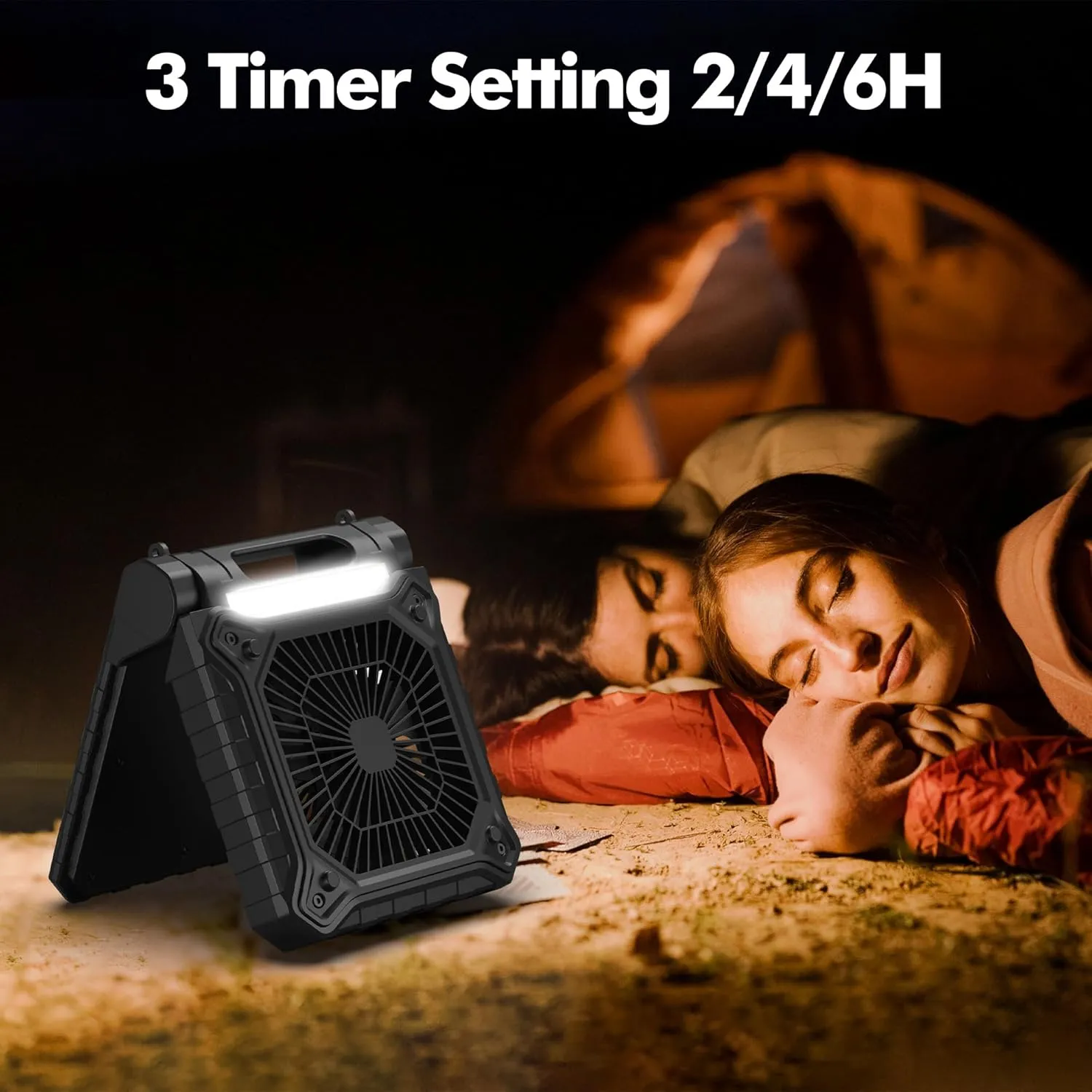 10 inch Solar Fan for Camping - Portable Rechargeable Fan with Adjustable Solar Panel, 3 Powerful Speed & Timer, Battery Operated with LED Light for Outdoor Travel Tent RV Hurricane