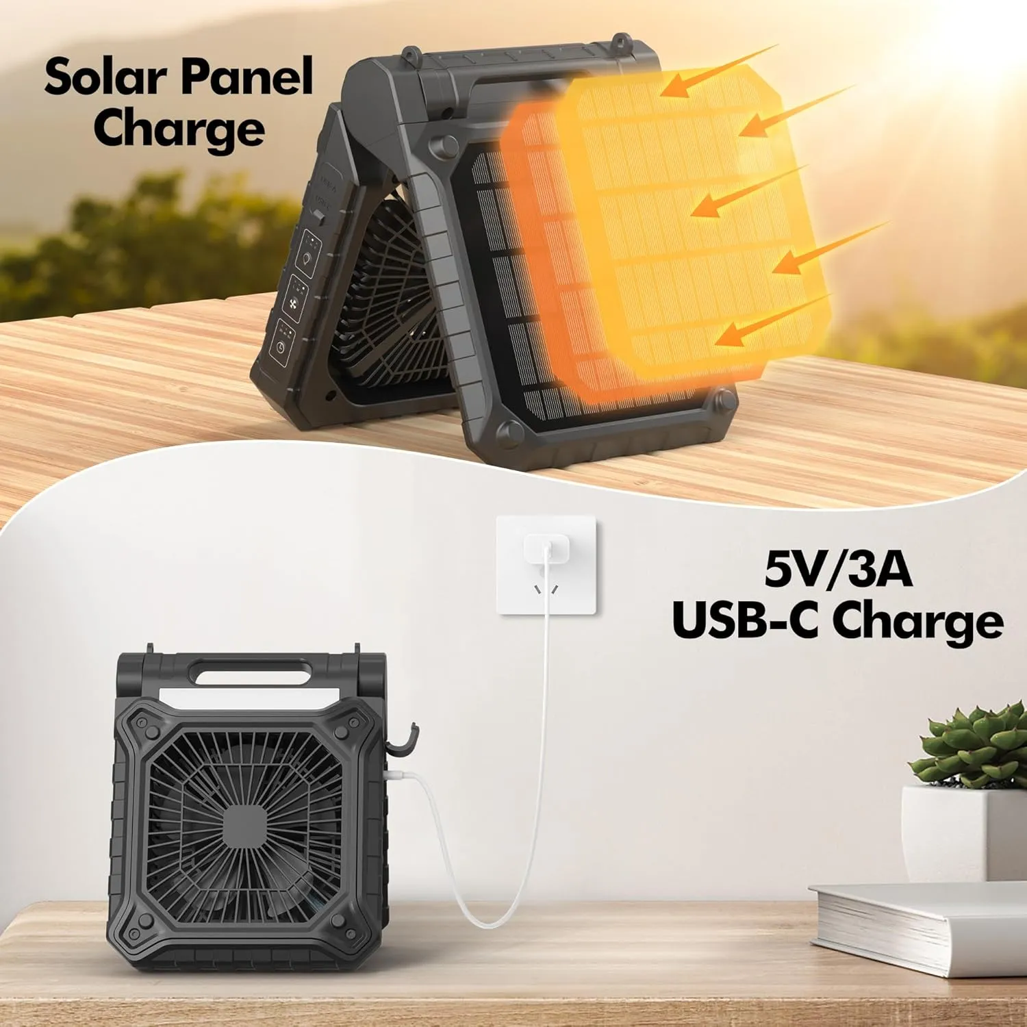 10 inch Solar Fan for Camping - Portable Rechargeable Fan with Adjustable Solar Panel, 3 Powerful Speed & Timer, Battery Operated with LED Light for Outdoor Travel Tent RV Hurricane
