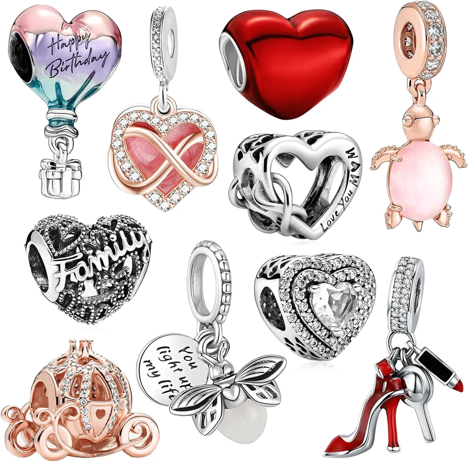 10 Pack Silver Charms for Pandora Bracelets and Necklaces Charms for Women CZ Pendant Jewelry Charm Set