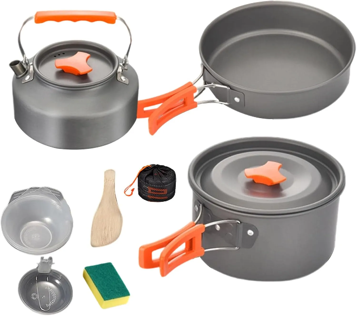 10-Piece Camping Cookware - 1.1L Camping Pots | Aluminum Cooking Set | Lightweight Cookware Kit with Pot Pan, Teapot, Bowls, Utensils & Cloth Bag | Foldable Compact Gear for Hiking & Backpacking