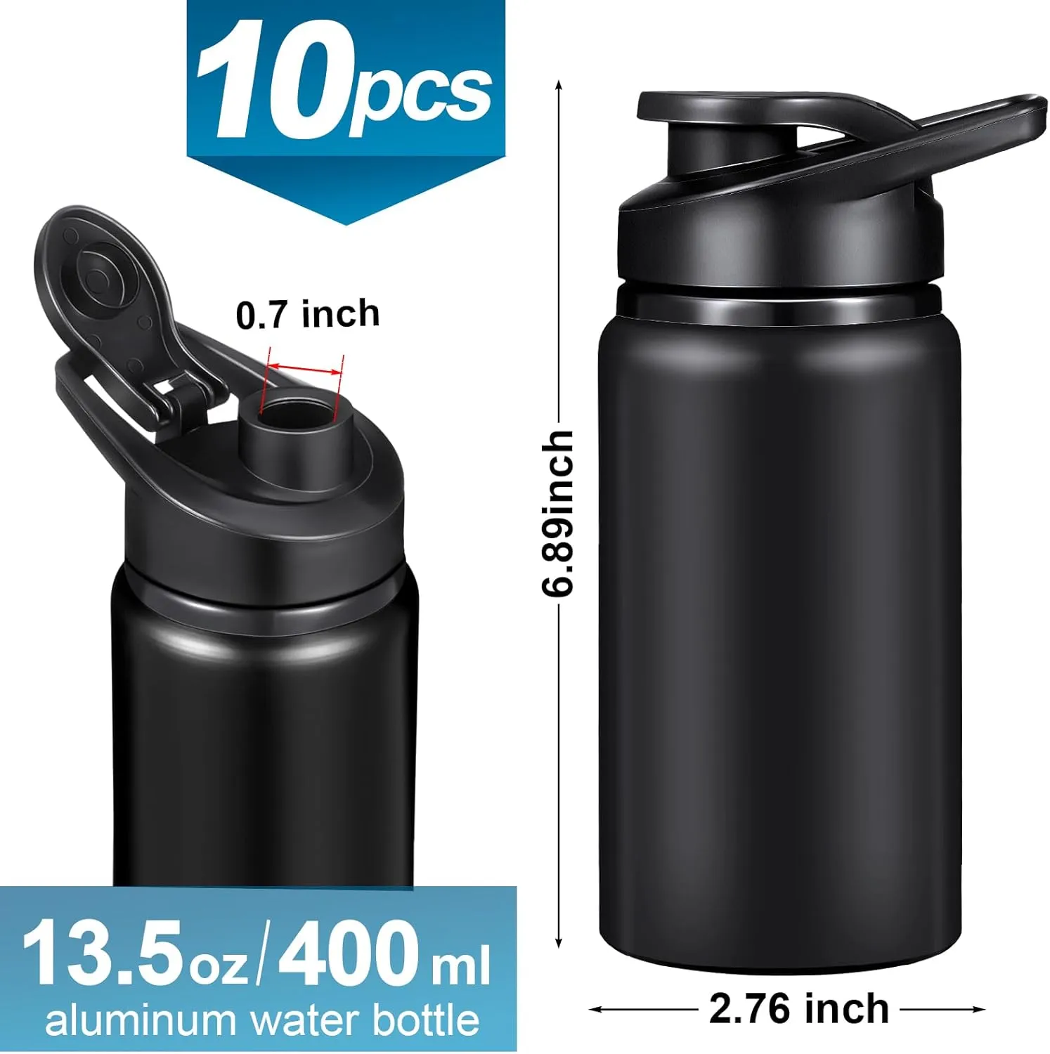 10 Pieces 13.5oz Reusable Aluminum Water Bottles Bulk Multicolor Outdoor Sports Water Bottles for Travel, Gym, Hiking, Cycling, Camping, Fishing, Snap Lid (Black)