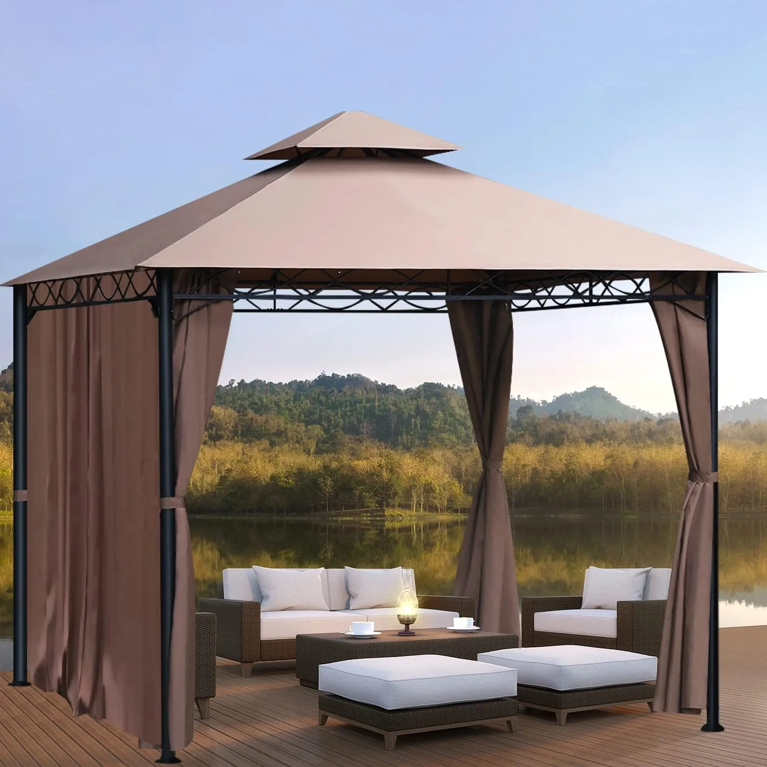 10' X 10' Gazebo Canopy Tent Outdoor Gazebo for Patios with Sidewall and Fabric,Large Party Tent,Metal Frame Water Resistant Wedding Tent,UV Block Sun Shade for Garden Backyard Lawns Deck,Brown