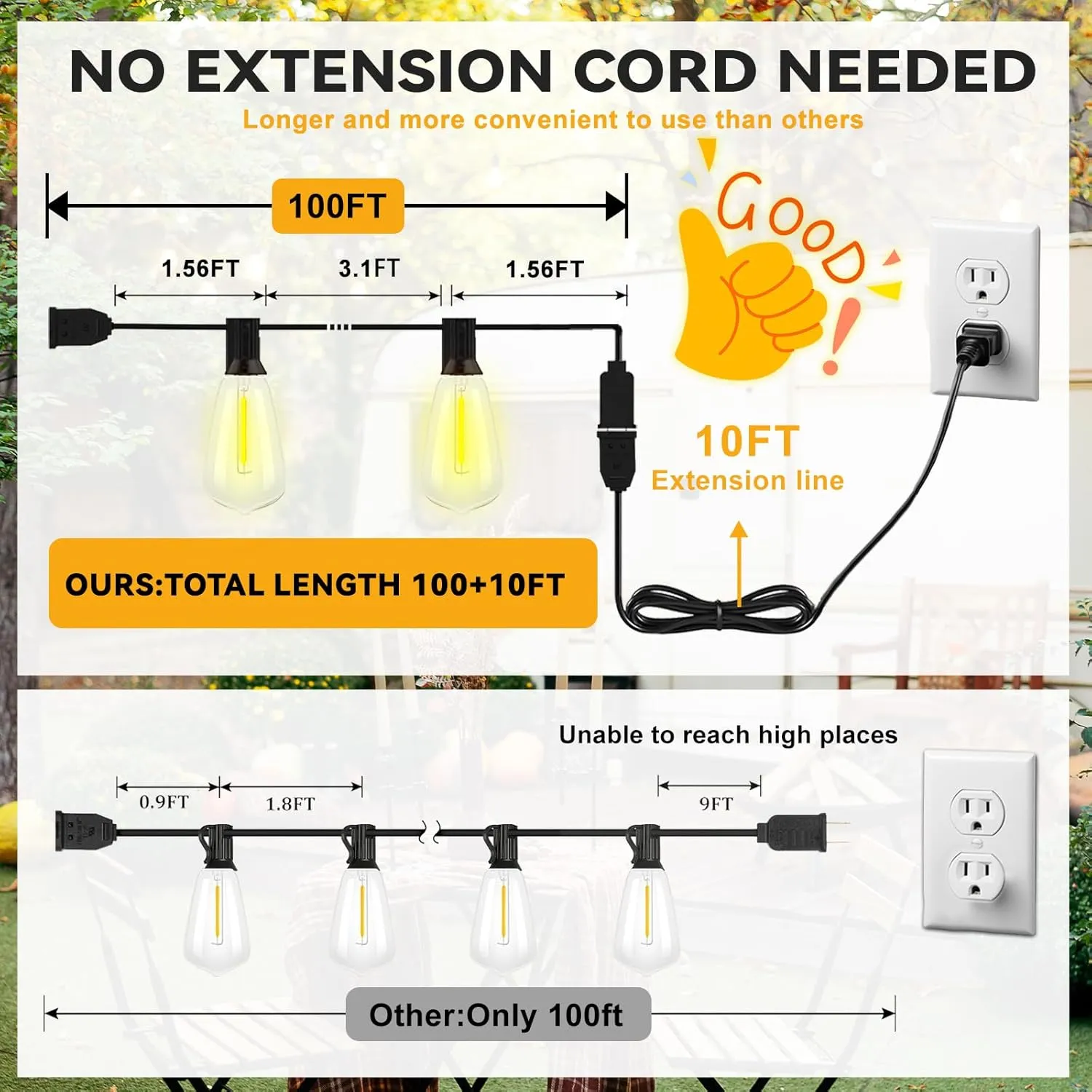 100 10FT LED Outdoor String Lights, Patio Deck Lights with 50 4 Shatterproof ST38 Edison Bulbs, Dimmable Warm White Waterproof Outside Hanging Lights Connectable for Backyard Porch Garden