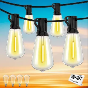100 10FT LED Outdoor String Lights, Patio Deck Lights with 50 4 Shatterproof ST38 Edison Bulbs, Dimmable Warm White Waterproof Outside Hanging Lights Connectable for Backyard Porch Garden