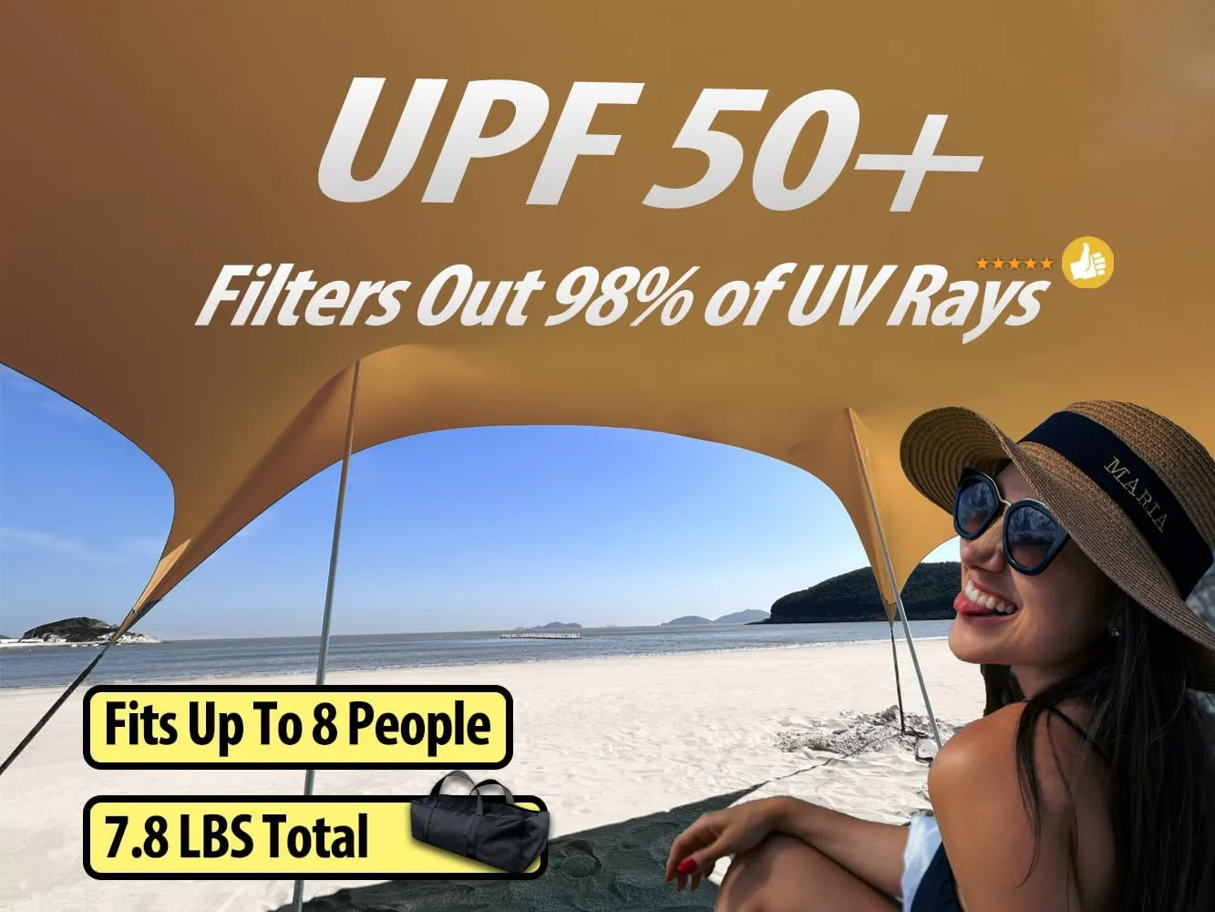 10×10ft UPF50  Beach Tent Sun Shelter, Windproof Stable Outdoor Pop Up Beach Shade Canopy for Camping, Fishing, Backyard Fun or Picnics, 2 Poles