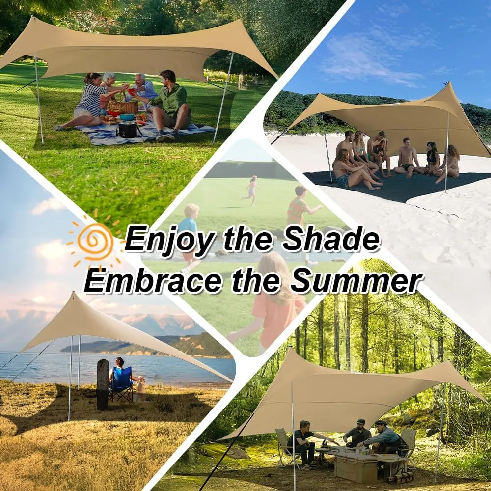 10×10ft UPF50  Beach Tent Sun Shelter, Windproof Stable Outdoor Pop Up Beach Shade Canopy for Camping, Fishing, Backyard Fun or Picnics, 2 Poles