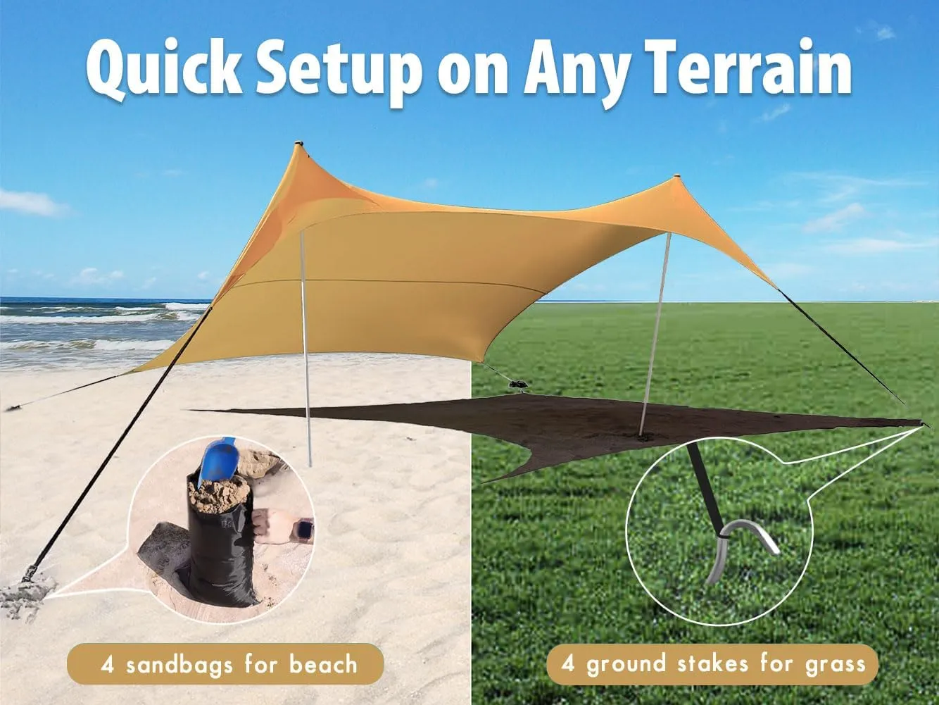 10×10ft UPF50  Beach Tent Sun Shelter, Windproof Stable Outdoor Pop Up Beach Shade Canopy for Camping, Fishing, Backyard Fun or Picnics, 2 Poles