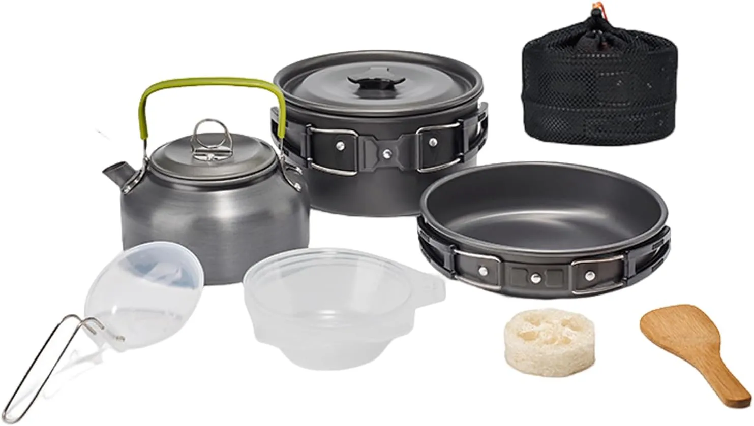 10Pcs/Set Camping Cookware Kit with Folding Pan Pot Kettle Spoon Bowl 2-3 Person Outdoor Backpacking Hiking Portable Non-Stick Alumina Cookware