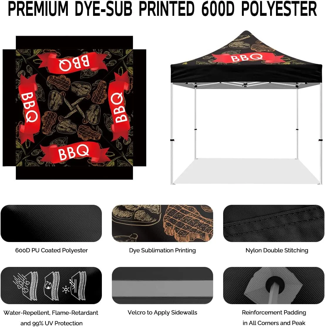10x10 BBQ Themed Pop Up Canopy Tent, ABLEM8CANOPY Heavy Duty Canopy for Outdoor Barbecue and Grill Catering, Portable Market Event Canopy Tent with Stake Kit and Wheeled Travel Bag