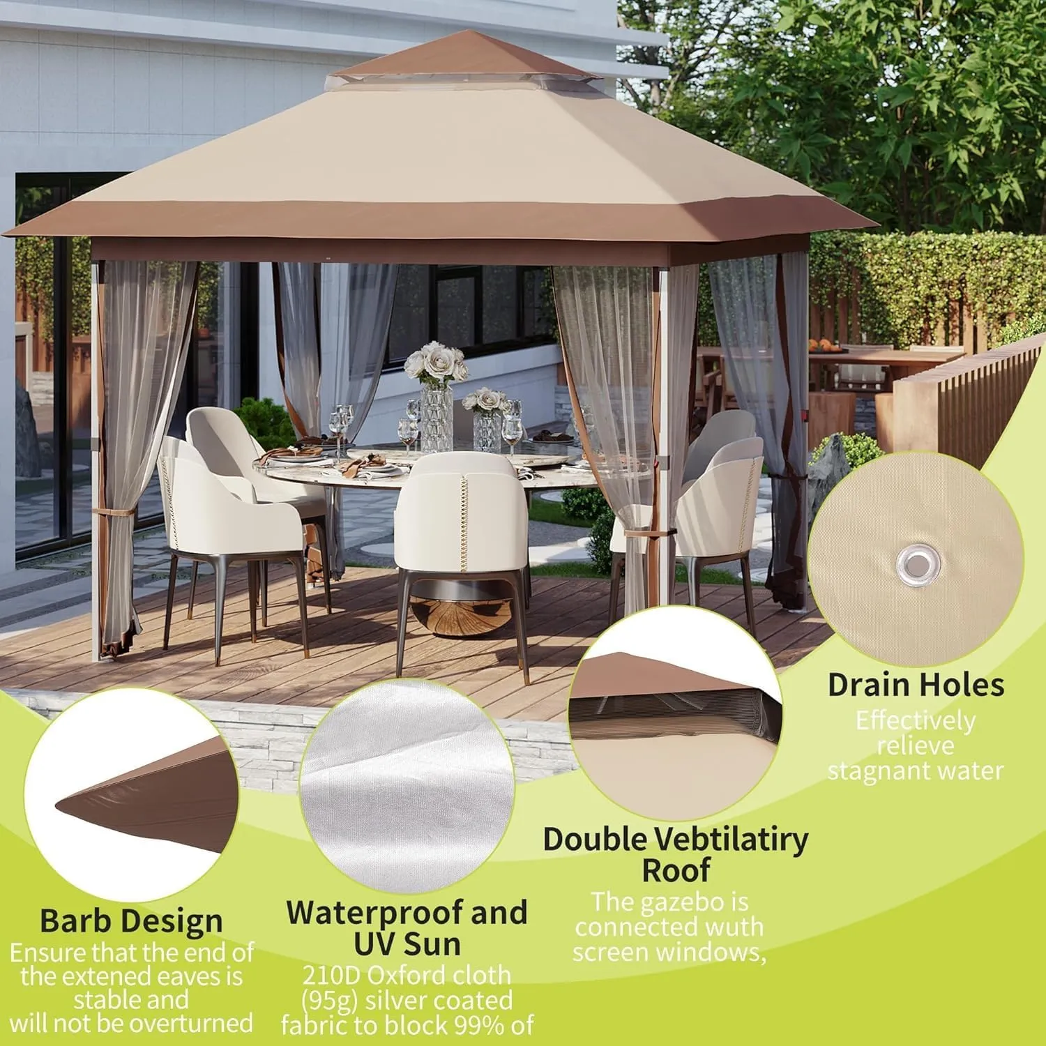 10x10 FT Pop Up Canopy Tent, Outdoor Gazebo with Mosquito Netting and Wheeled Carry Bag, Adjustable Height Tents for Parties Backyard Garden Deck, All-Weather UV/Waterproof Event Shelter, Khaki