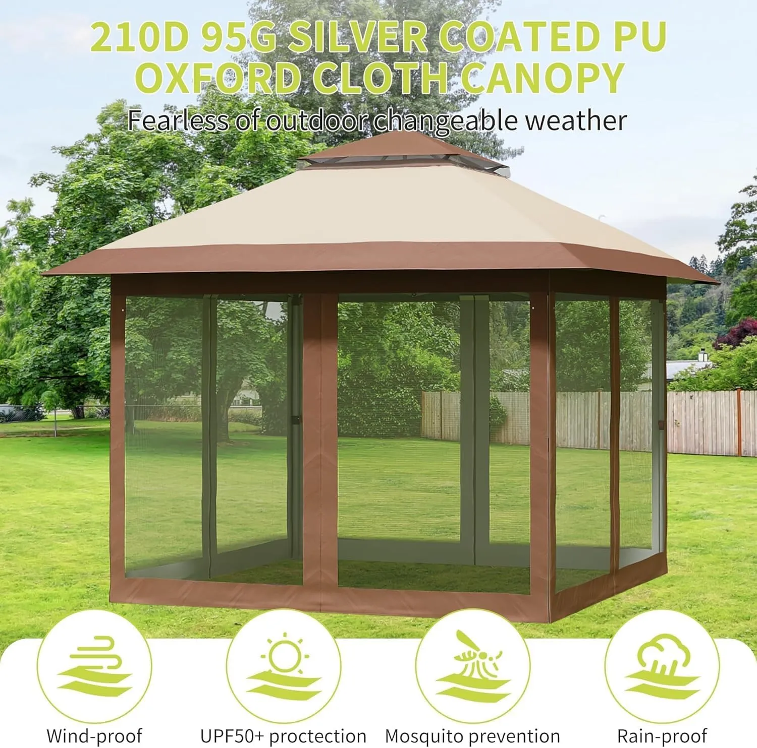 10x10 FT Pop Up Canopy Tent, Outdoor Gazebo with Mosquito Netting and Wheeled Carry Bag, Adjustable Height Tents for Parties Backyard Garden Deck, All-Weather UV/Waterproof Event Shelter, Khaki