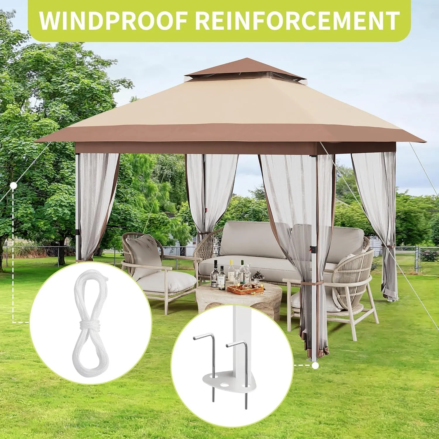 10x10 FT Pop Up Canopy Tent, Outdoor Gazebo with Mosquito Netting and Wheeled Carry Bag, Adjustable Height Tents for Parties Backyard Garden Deck, All-Weather UV/Waterproof Event Shelter, Khaki