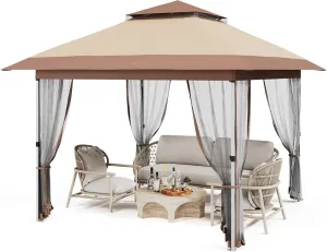 10x10 FT Pop Up Canopy Tent, Outdoor Gazebo with Mosquito Netting and Wheeled Carry Bag, Adjustable Height Tents for Parties Backyard Garden Deck, All-Weather UV/Waterproof Event Shelter, Khaki