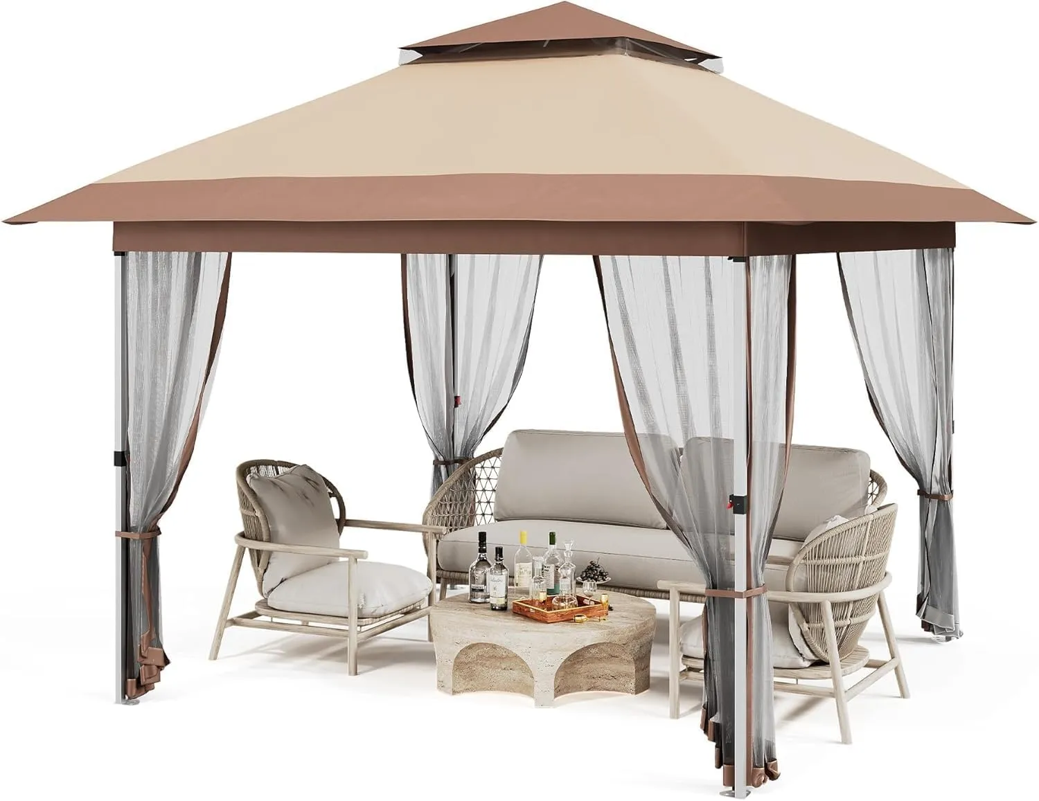 10x10 FT Pop Up Canopy Tent, Outdoor Gazebo with Mosquito Netting and Wheeled Carry Bag, Adjustable Height Tents for Parties Backyard Garden Deck, All-Weather UV/Waterproof Event Shelter, Khaki