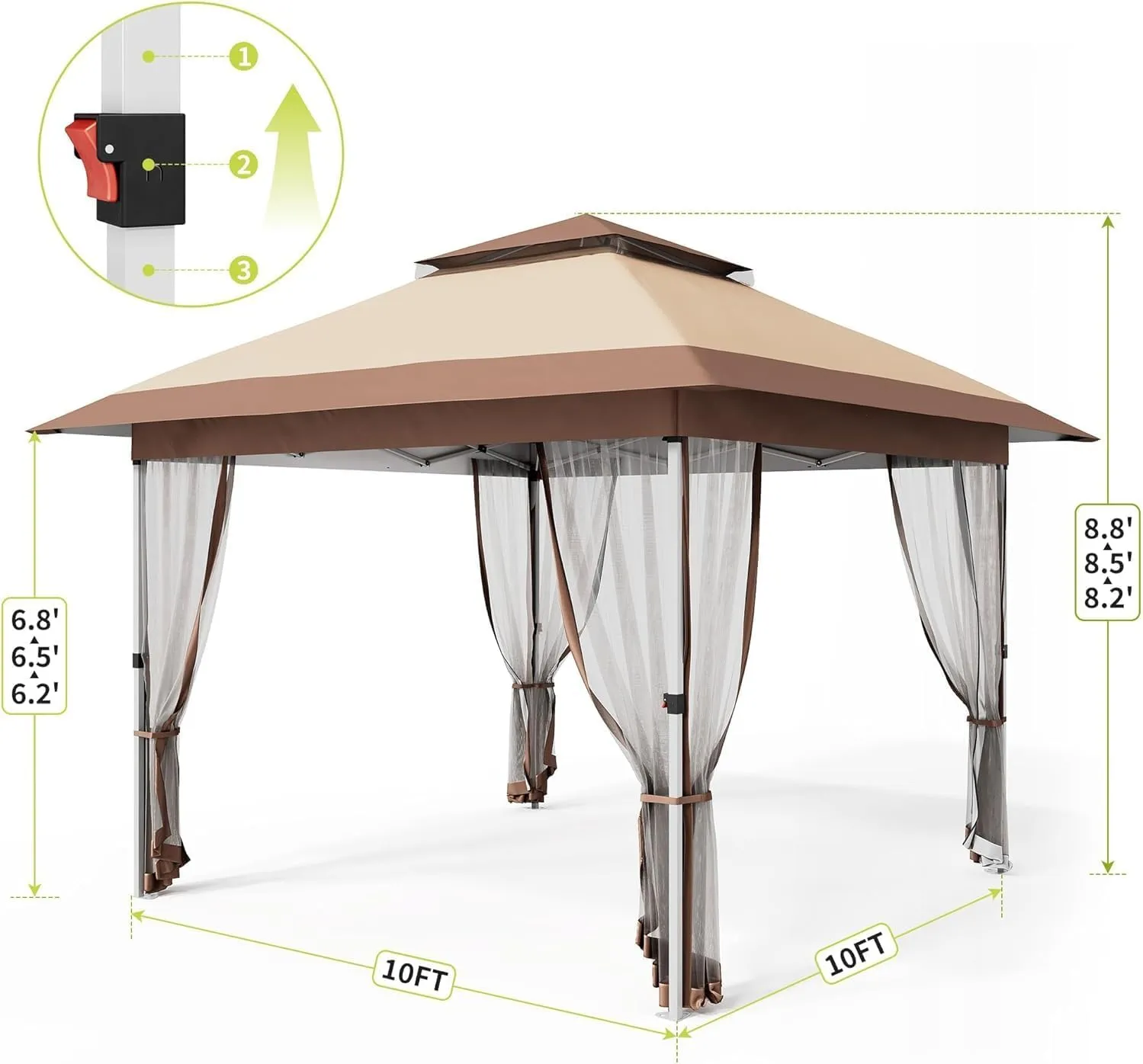 10x10 FT Pop Up Canopy Tent, Outdoor Gazebo with Mosquito Netting and Wheeled Carry Bag, Adjustable Height Tents for Parties Backyard Garden Deck, All-Weather UV/Waterproof Event Shelter, Khaki