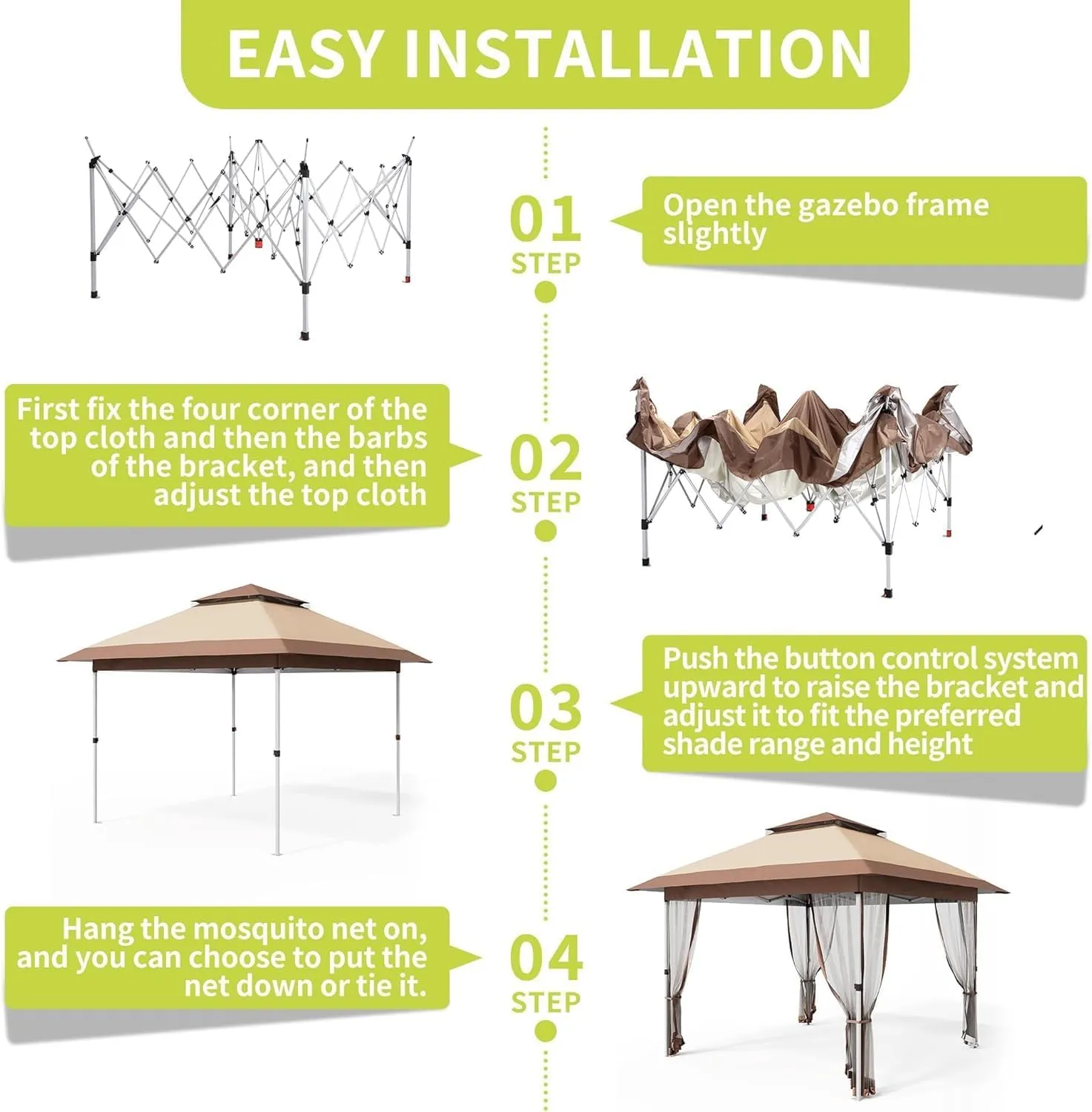 10x10 FT Pop Up Canopy Tent, Outdoor Gazebo with Mosquito Netting and Wheeled Carry Bag, Adjustable Height Tents for Parties Backyard Garden Deck, All-Weather UV/Waterproof Event Shelter, Khaki