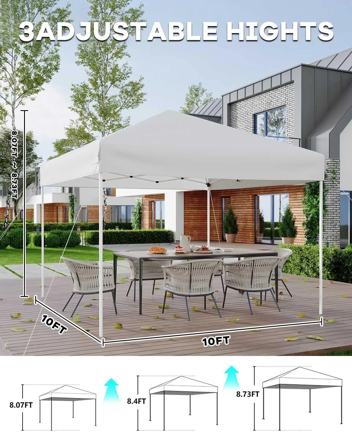 10x10 Pop Up Canopy Tent, Easy Up Canopy with 3 Adjustable Height, Outdoor Sun Shade with 4 Sandbags & Carrying Bag for Camping, Parties,Outdoor Events - White