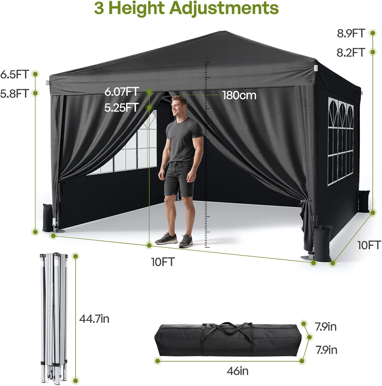 10x10 Pop Up Canopy with Sidewalls, Outdoor Instant Canopy Tent with Carry Bag for Commercial Events, Camping, Backyard Parties - Black
