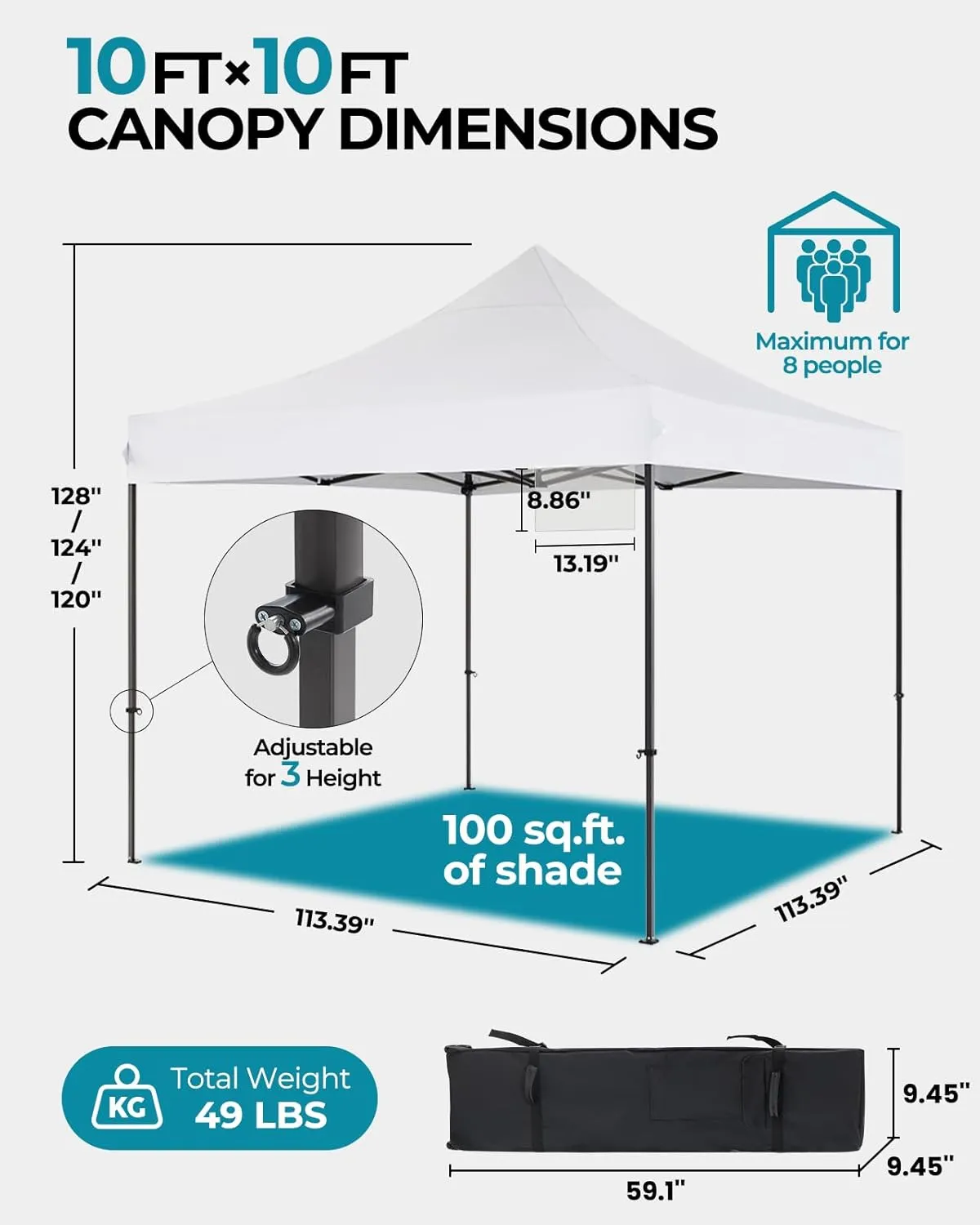 10x10 Pop Up Canopy with Wheeled Bag, Commercial Portable Canopy Tent, Easy Set Up, 4 Stakes & 4Sandbags & 4 Ropes, Waterproof Outdoor Shelter for Market, Parties, White