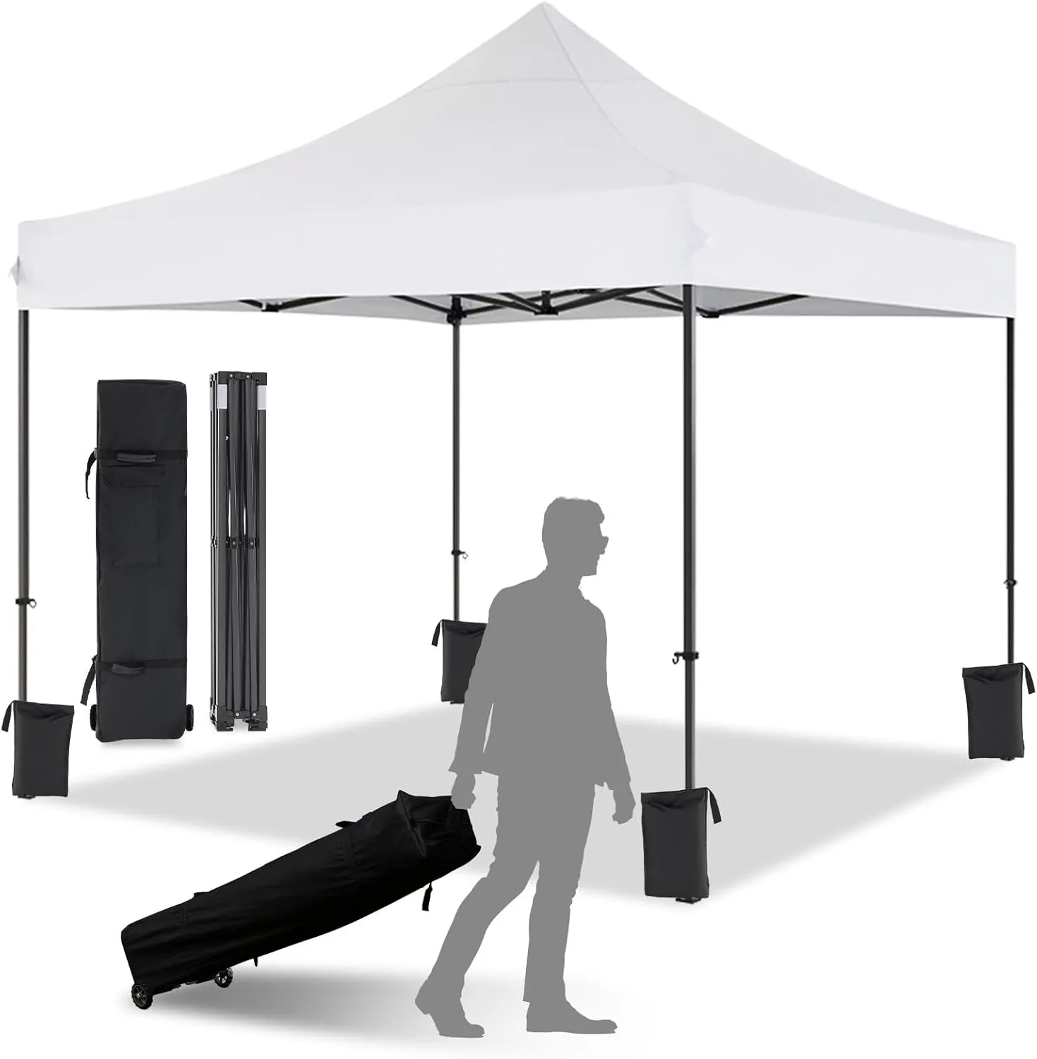 10x10 Pop Up Canopy with Wheeled Bag, Commercial Portable Canopy Tent, Easy Set Up, 4 Stakes & 4Sandbags & 4 Ropes, Waterproof Outdoor Shelter for Market, Parties, White