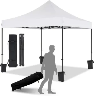 10x10 Pop Up Canopy with Wheeled Bag, Commercial Portable Canopy Tent, Easy Set Up, 4 Stakes & 4Sandbags & 4 Ropes, Waterproof Outdoor Shelter for Market, Parties, White