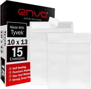 10x13 Envelopes, Tyvek Envelopes, Mailing Envelopes 10x13, Catalog Envelopes, Self Sealing Closure, Tyvek Material, 14 lb., Puncture, Tear & Moisture Resistant, Bulk (15 Pack)