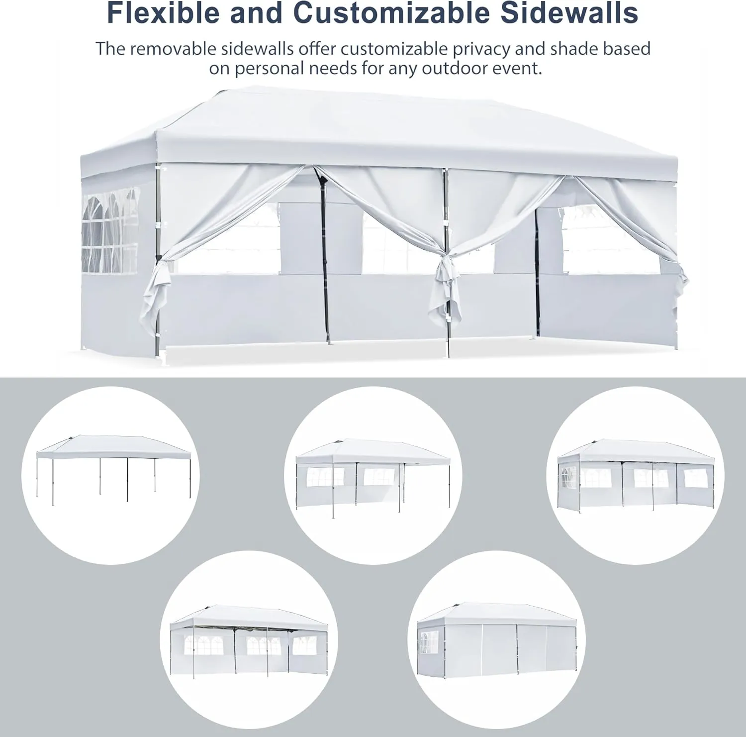 10x20 ft Pop Up Canopy with 6 Sidewalls, Heavy Duty Party Tent, Easy Up Outdoor Wedding and Event Shelter, Adjustable Height, UV Protection, Wind Resistant, Includes Wheeled Bag White
