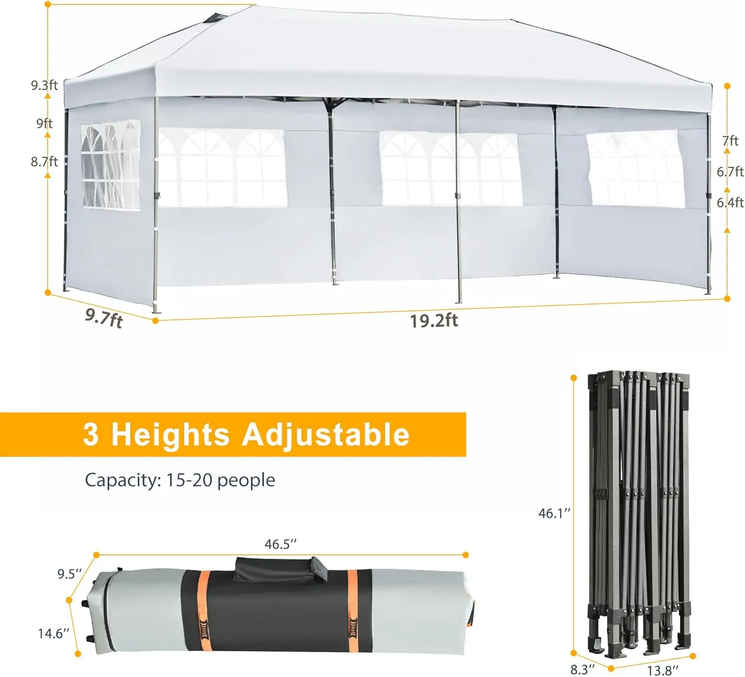 10x20 ft Pop Up Canopy with 6 Sidewalls, Heavy Duty Party Tent, Easy Up Outdoor Wedding and Event Shelter, Adjustable Height, UV Protection, Wind Resistant, Includes Wheeled Bag White