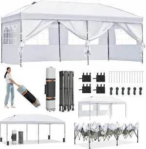 10x20 ft Pop Up Canopy with 6 Sidewalls, Heavy Duty Party Tent, Easy Up Outdoor Wedding and Event Shelter, Adjustable Height, UV Protection, Wind Resistant, Includes Wheeled Bag White