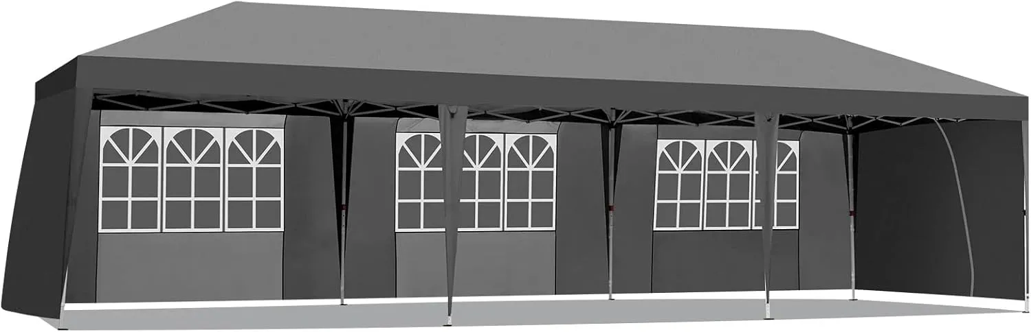 10x30ft Folding Gazebo Tent with 6 Windows and 2 Doors Waterproof Oxford Canopy with 8 Sandbags and Rolling Bag UV-Resistant Outdoor Event Shelter Adjustable Height (Grey, 10x30ft)