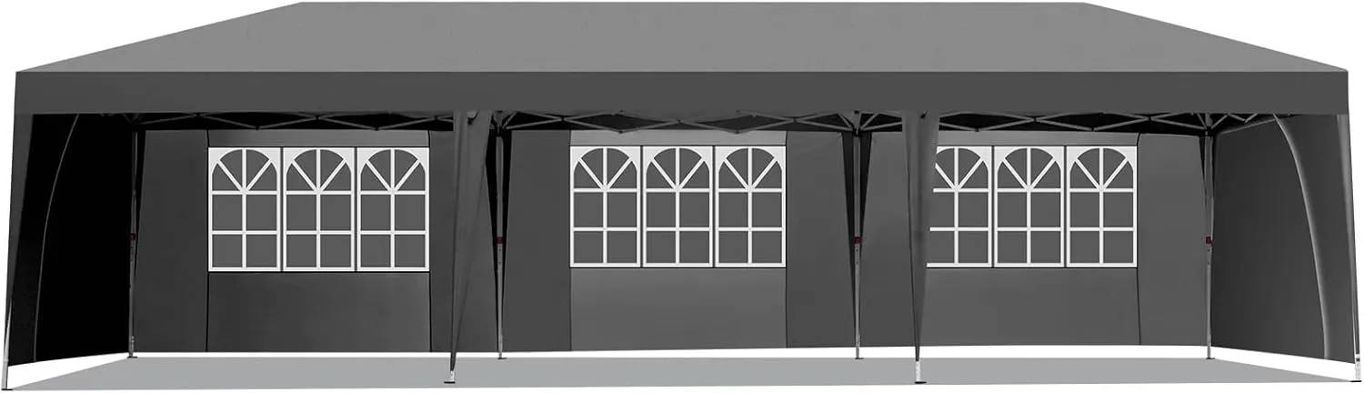10x30ft Folding Gazebo Tent with 6 Windows and 2 Doors Waterproof Oxford Canopy with 8 Sandbags and Rolling Bag UV-Resistant Outdoor Event Shelter Adjustable Height (Grey, 10x30ft)