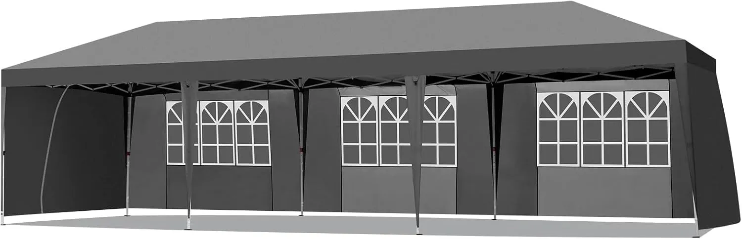 10x30ft Folding Gazebo Tent with 6 Windows and 2 Doors Waterproof Oxford Canopy with 8 Sandbags and Rolling Bag UV-Resistant Outdoor Event Shelter Adjustable Height (Grey, 10x30ft)
