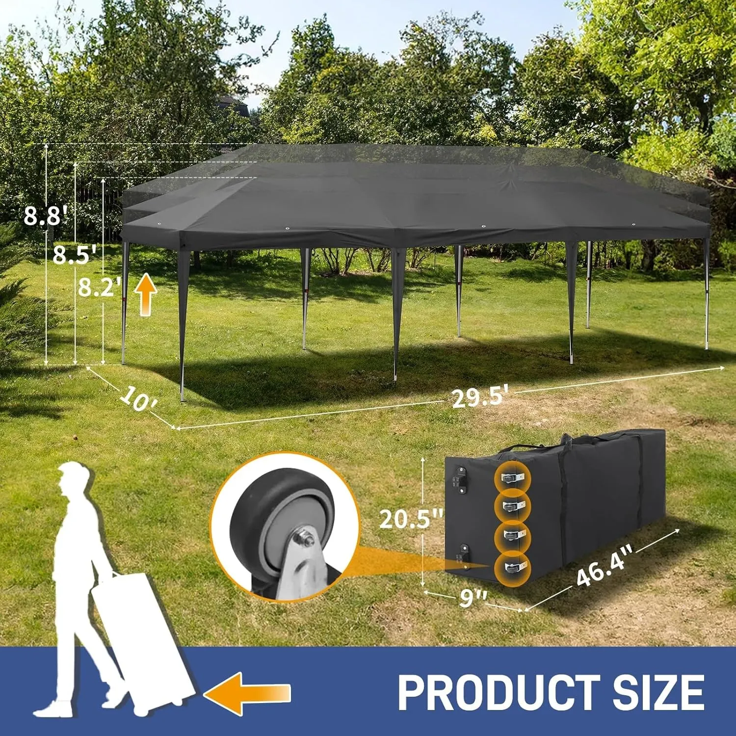 10x30ft Folding Gazebo Tent with 6 Windows and 2 Doors Waterproof Oxford Canopy with 8 Sandbags and Rolling Bag UV-Resistant Outdoor Event Shelter Adjustable Height (Grey, 10x30ft)