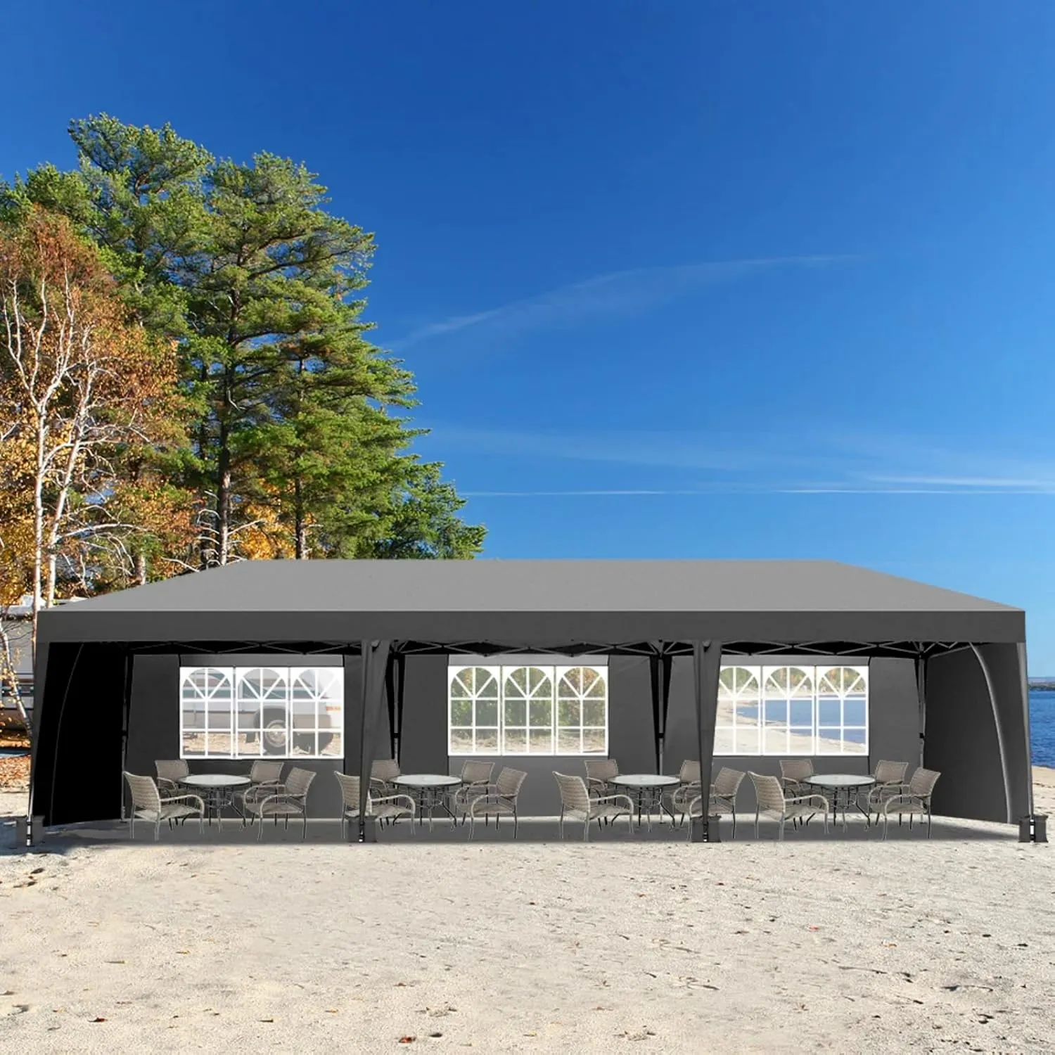 10x30ft Folding Gazebo Tent with 6 Windows and 2 Doors Waterproof Oxford Canopy with 8 Sandbags and Rolling Bag UV-Resistant Outdoor Event Shelter Adjustable Height (Grey, 10x30ft)