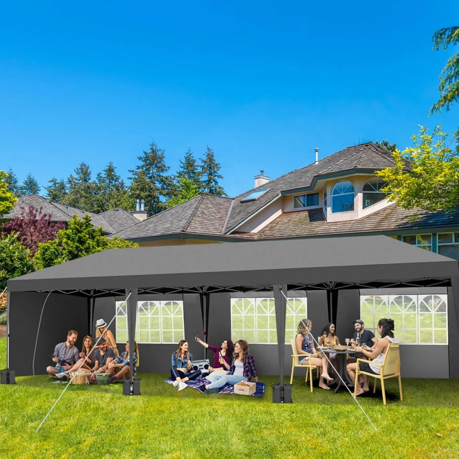 10x30ft Folding Gazebo Tent with 6 Windows and 2 Doors Waterproof Oxford Canopy with 8 Sandbags and Rolling Bag UV-Resistant Outdoor Event Shelter Adjustable Height (Grey, 10x30ft)