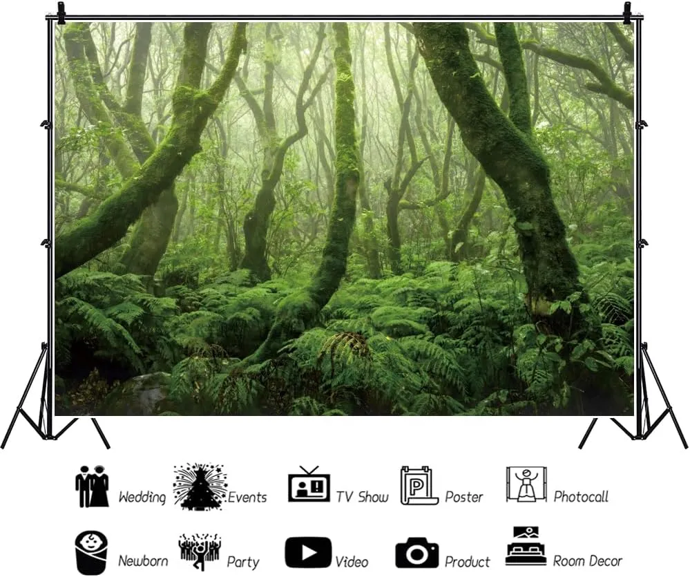 10x6ft Jungle Forest Backdrop Tropical Rainforest Natural Scenery Evergreen Leaves Trees Background for Party Picnic Camping Adventure Wedding Photo Studio