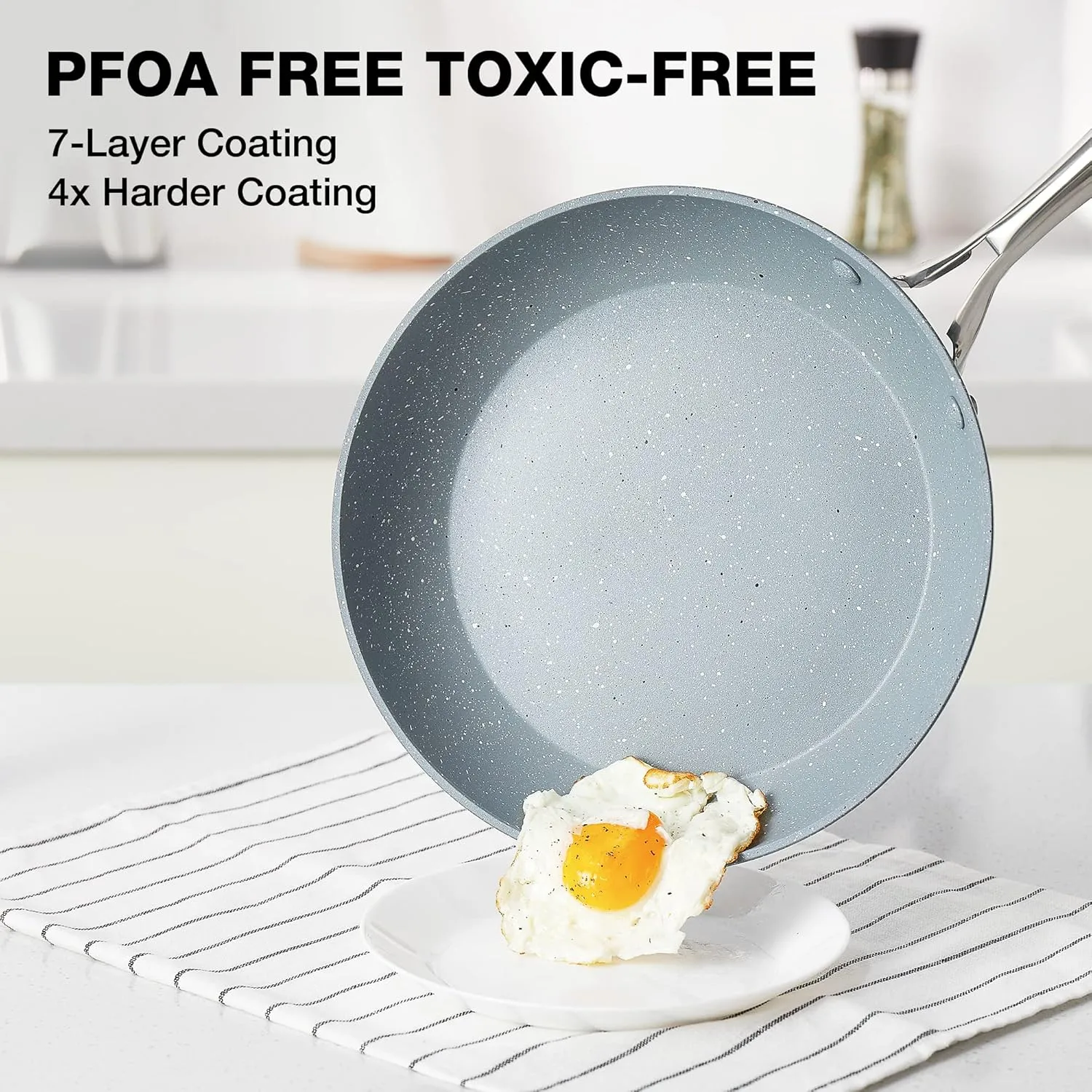 12 Inch Nonstick Frying Pan with Lid, Blue Marble Skillet with Stone-Derived Coating, APEO & PFOA Free, With Soft-touch Ergonomic Handle, Oven Safe and Induction Compatible
