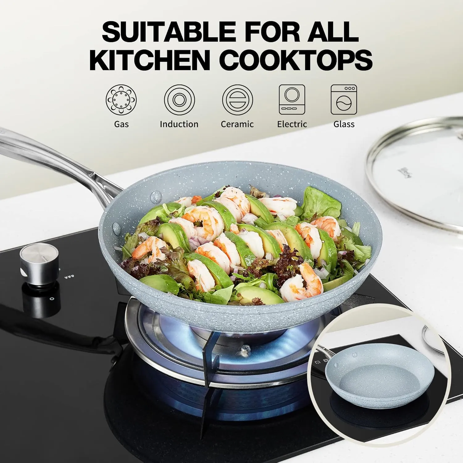 12 Inch Nonstick Frying Pan with Lid, Blue Marble Skillet with Stone-Derived Coating, APEO & PFOA Free, With Soft-touch Ergonomic Handle, Oven Safe and Induction Compatible