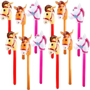 12 Pack Inflatable Stick Horse Bulk Colorful Inflatable Horsehead Stick Balloon Cute Blow Up Pony Stick for Kids Birthday Cowboy Horse Theme Party Supply, 6 Colors (Color Set 2)
