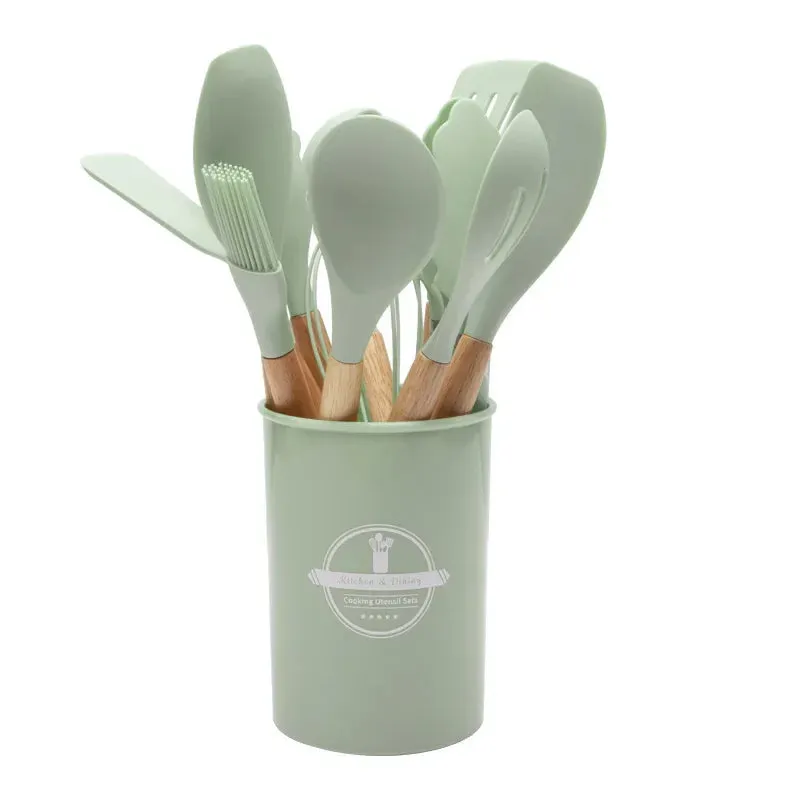 12 Piece Non Stick Silicone Kitchen Utensil Set With Wooden Handles