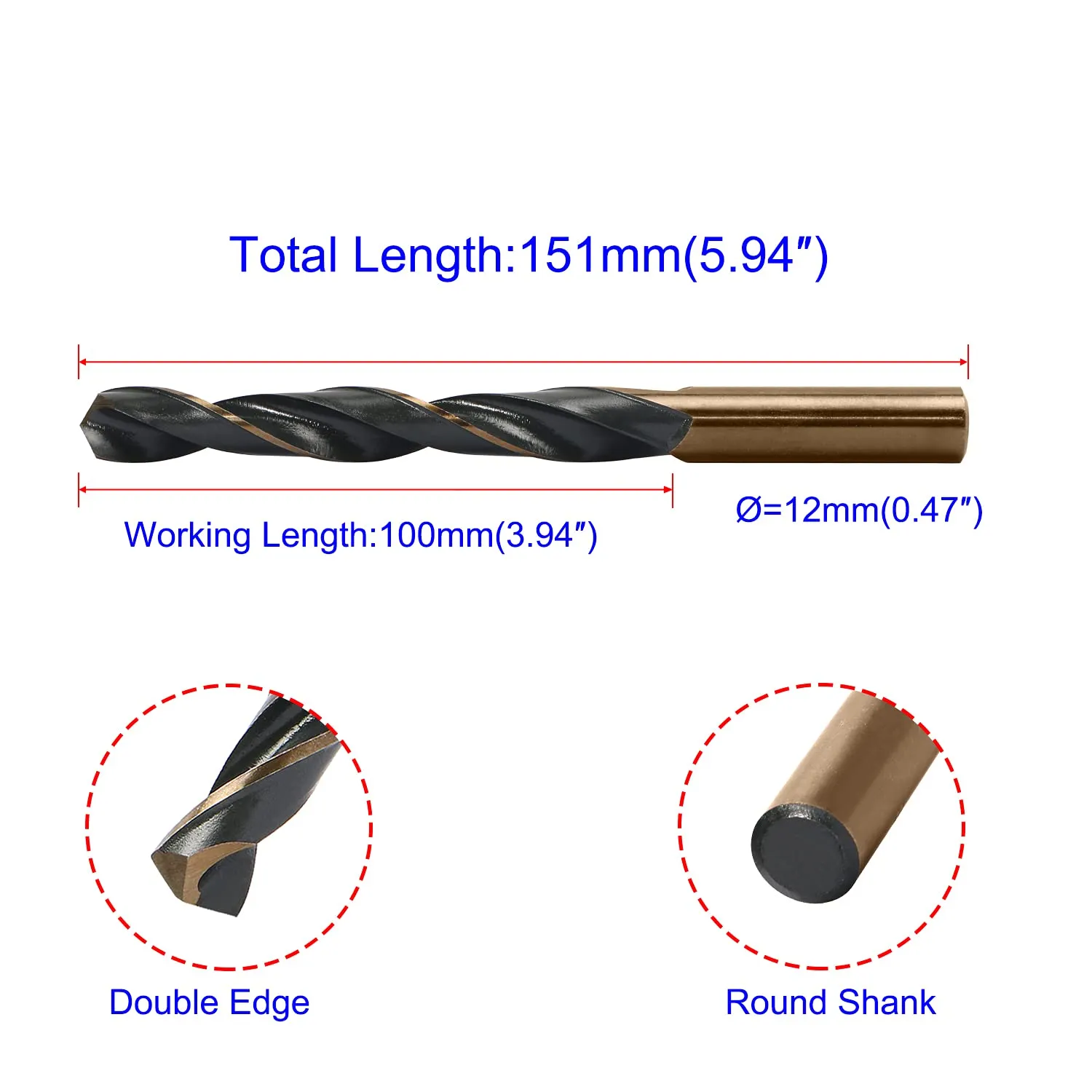 12mm Reduced Shank Twist Drill Bits High Speed Steel HSS 4341 for Iron/Copper/Plastic/Aluminum Plates/Metal Materials, Round Shank, Double Edge, 2 Pcs