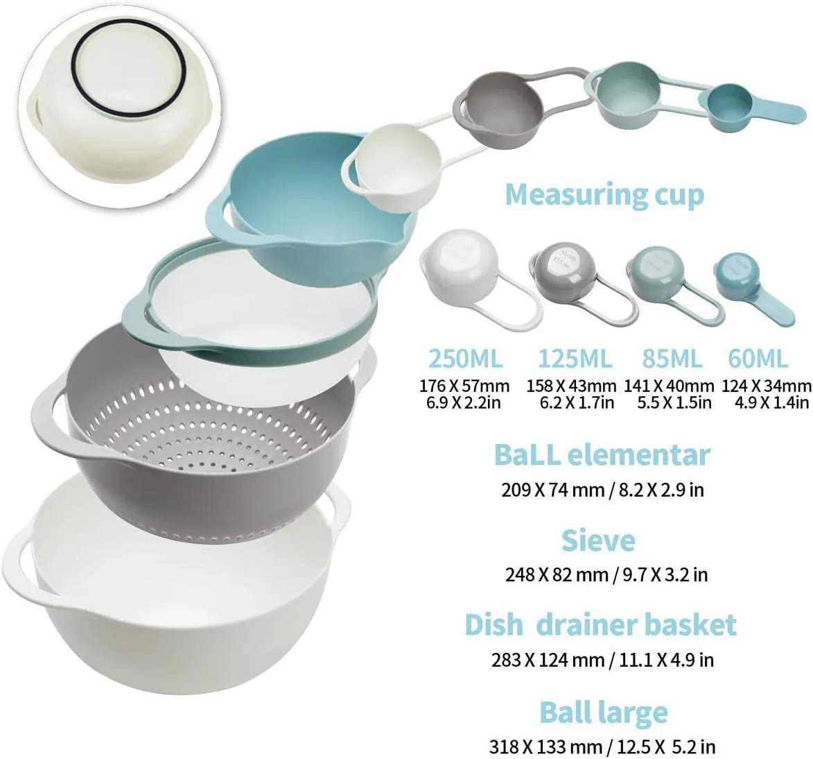 13 Pcs Mixing Bowls Set, RV Camping Accessories Set, Apartment Kitchen Gadget Easy Storage, Inculding Measuring Cups Colander Sifter Large Bowl Whisk Scraper, Great for Cooking and Baking, No BPA