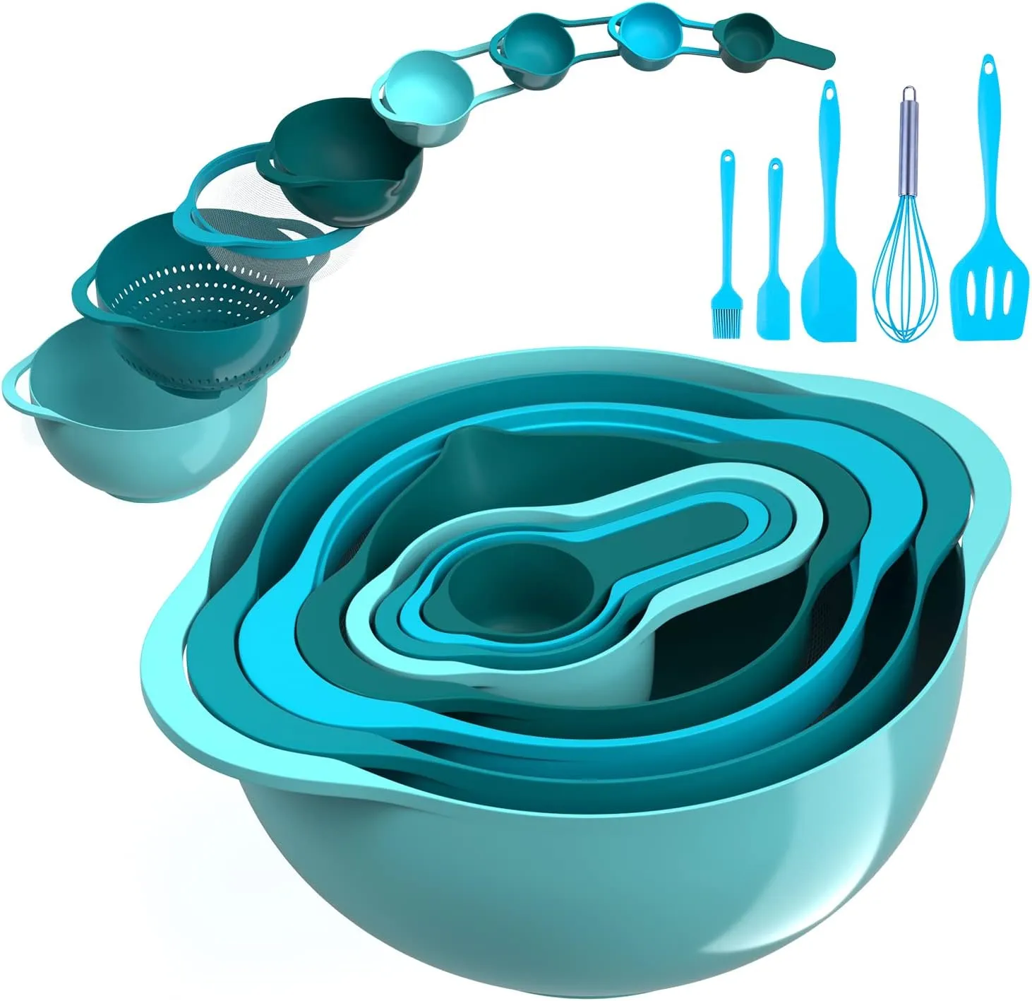 13 Pcs Mixing Bowls Set, RV Camping Accessories Set, Apartment Kitchen Gadget Easy Storage, Inculding Measuring Cups Colander Sifter Large Bowl Whisk Scraper, Great for Cooking and Baking, No BPA