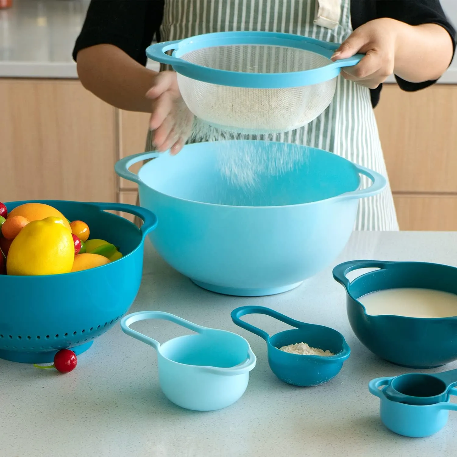 13 Pcs Mixing Bowls Set, RV Camping Accessories Set, Apartment Kitchen Gadget Easy Storage, Inculding Measuring Cups Colander Sifter Large Bowl Whisk Scraper, Great for Cooking and Baking, No BPA