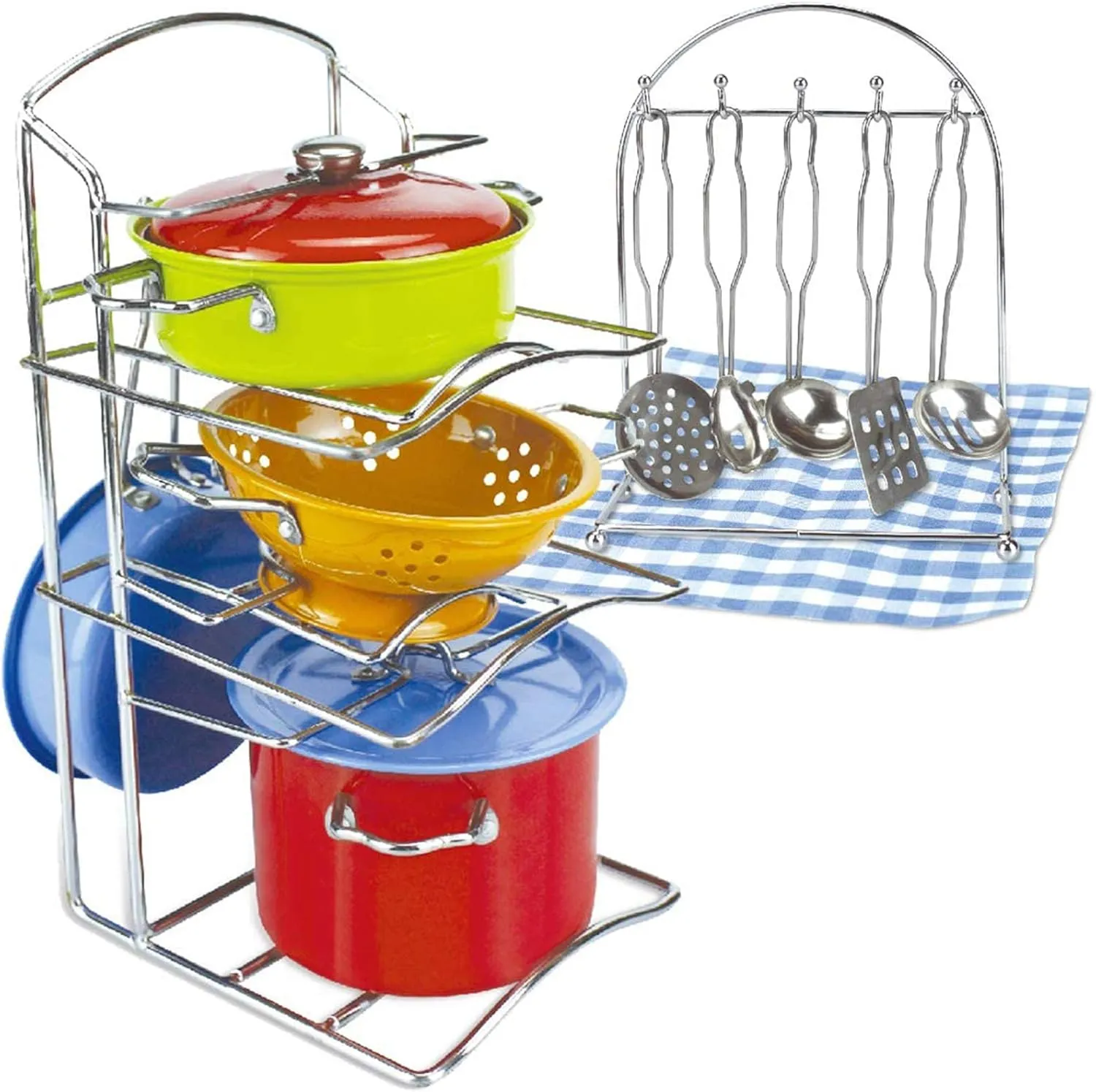 14 PCS Kids Stainless Steel Toy Pots and Pans with Pot Rack Organizer, Pretend Play Kitchen Accessories Set - Metal Cookware Playset for Toddlers