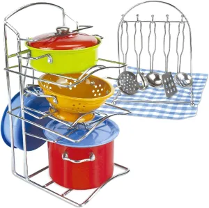 14 PCS Kids Stainless Steel Toy Pots and Pans with Pot Rack Organizer, Pretend Play Kitchen Accessories Set - Metal Cookware Playset for Toddlers