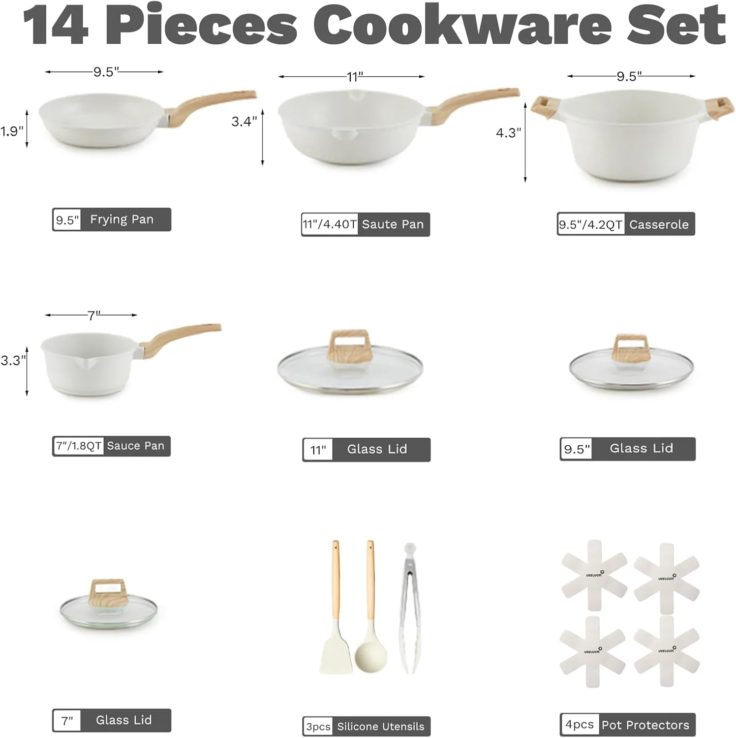 14 Pcs Pots and Pans Set Non Stick, Induction White Cooking Set with Frying Pans, Healthy Kitchen Cooking Set with Stay-Cool Handles, Silicone Utensils and Pot Protectors