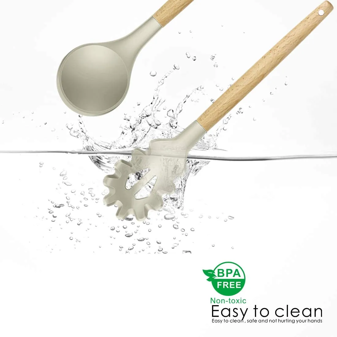 14 Pcs Silicone Cooking Utensils Kitchen Utensil Set, 446°F Heat Resistant,Turner Tongs,Spatula,Spoon,Brush,Whisk. Wooden Handles Khaki Kitchen Gadgets Tools Set for Non-stick Cookware (BPA Free)